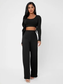 SHEIN PETITE Bộ đồ hai mảnh nữ Gân đan màu trơn Giải trí - màu đen - Xem 3