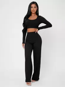 SHEIN PETITE Bộ đồ hai mảnh nữ Gân đan màu trơn Giải trí - màu đen - Xem 4