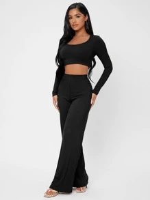 SHEIN PETITE Bộ đồ hai mảnh nữ Gân đan màu trơn Giải trí - màu đen - Xem 5