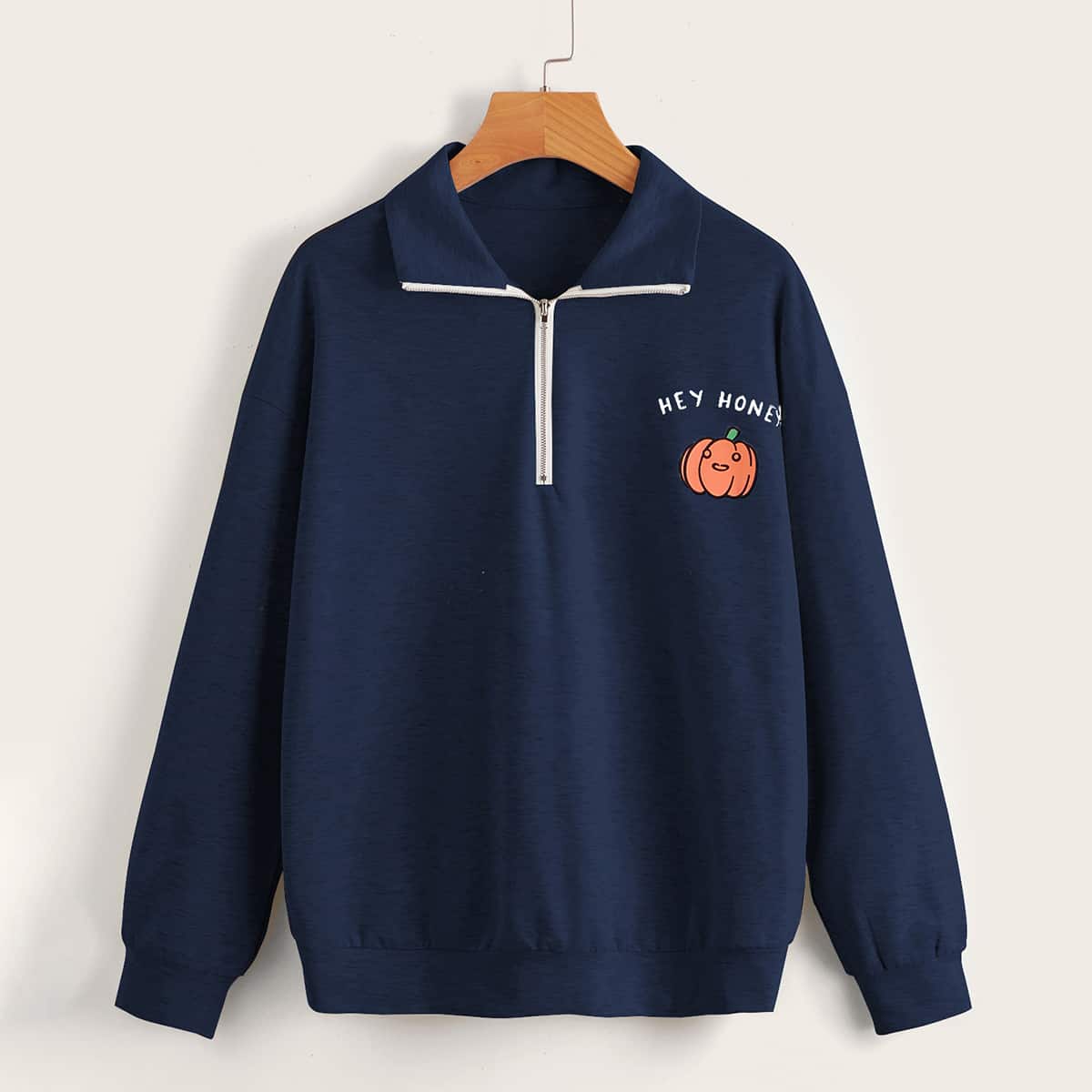 

Halloween Print Half Placket Sweatshirt, Navy blue