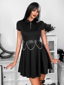 Gothic O-ring Quarter Zip Plicated Hem Dress Without Belt - Black - View 7