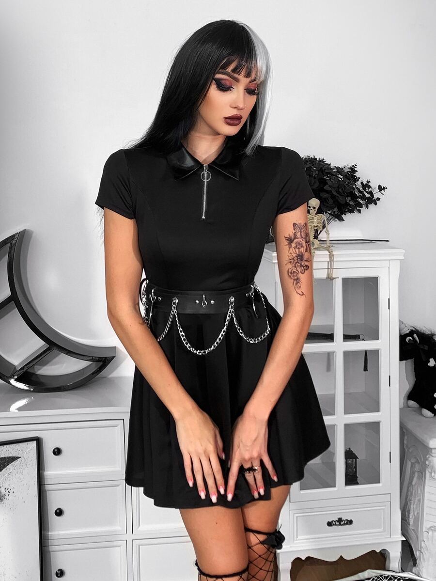 Gothic O-ring Quarter Zip Plicated Hem Dress Without Belt - Black - View 1