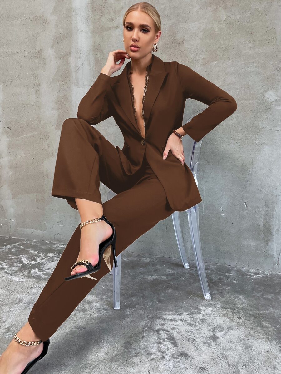 Chiquease Lace Insert Single Button Blazer With Tailored Trousers - Coffee Brown - View 1