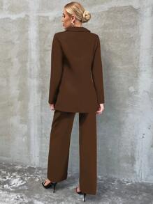 Chiquease Lace Insert Single Button Blazer With Tailored Trousers - Coffee Brown - View 2