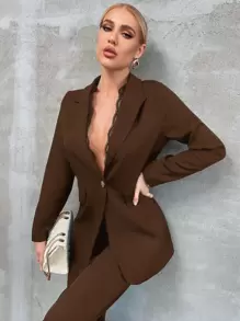 Chiquease Lace Insert Single Button Blazer With Tailored Trousers - Coffee Brown - View 3