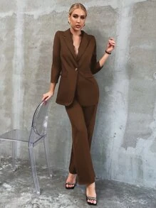 Chiquease Lace Insert Single Button Blazer With Tailored Trousers - Coffee Brown - View 5