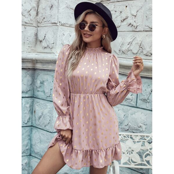 

Gold Polka Dot Print Flounce Sleeve Ruffle Hem Dress, Pink