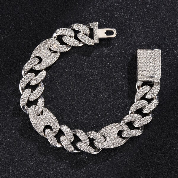 

Men Rhinestone Decor Chunky Bracelet, Silver