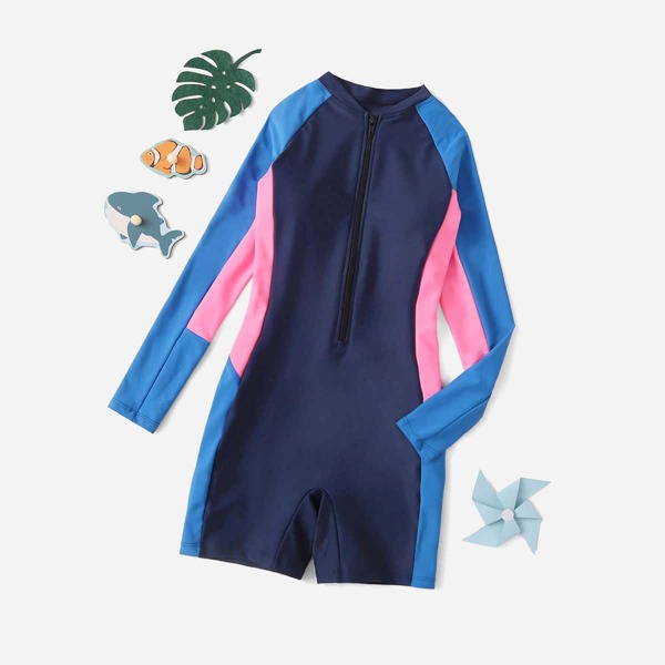 

Girls Colorblock Zipper One Piece Swimsuit, Multicolor