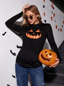 SHEIN Maternity Halloween Print Mock Neck Tee - Black - View 1