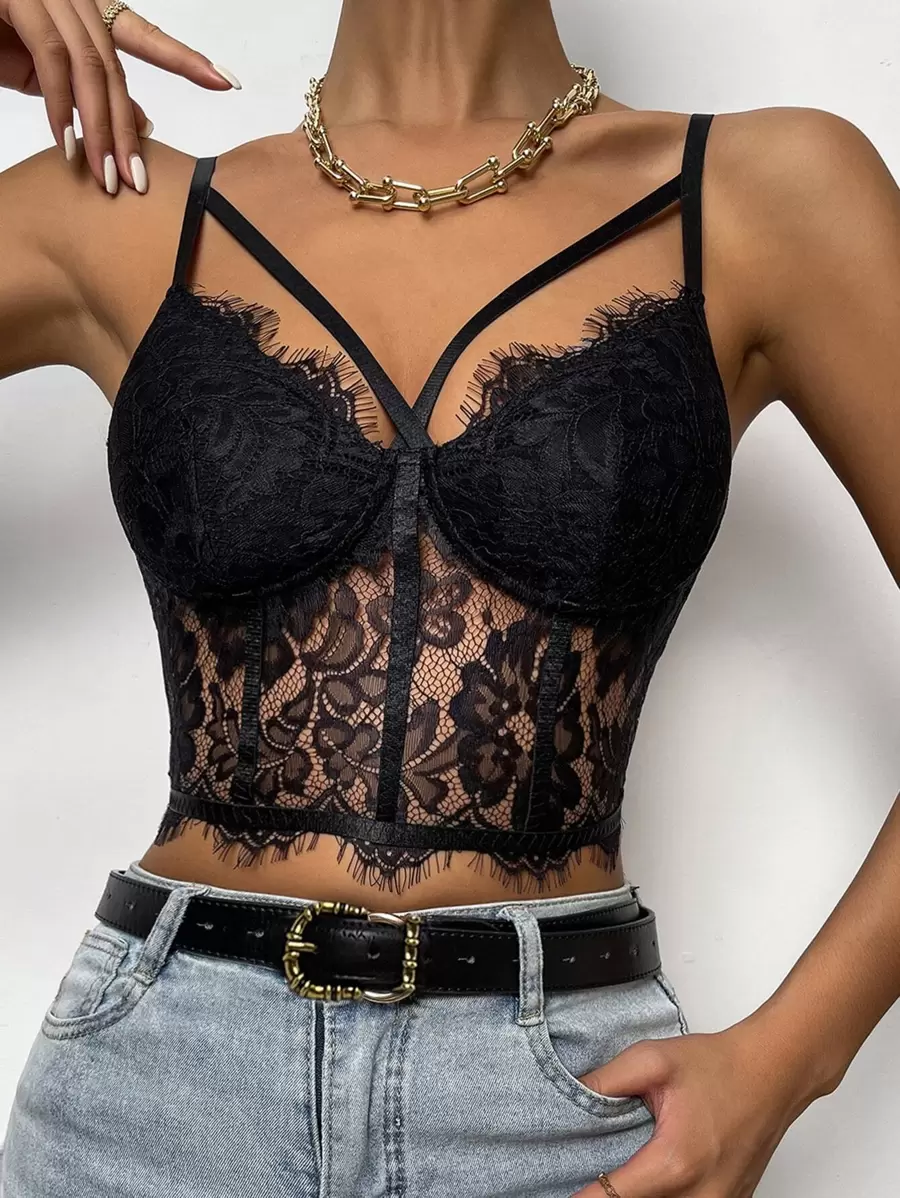 Chiquease Eyelash Lace Cami Top - Black - View 1