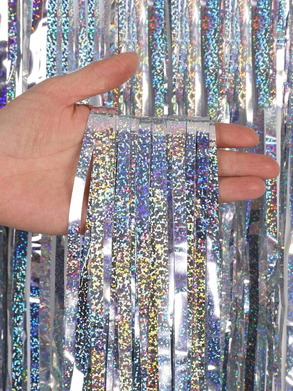 2pcs Party Tassel Curtain, Metallic Silver Party Decorative Background