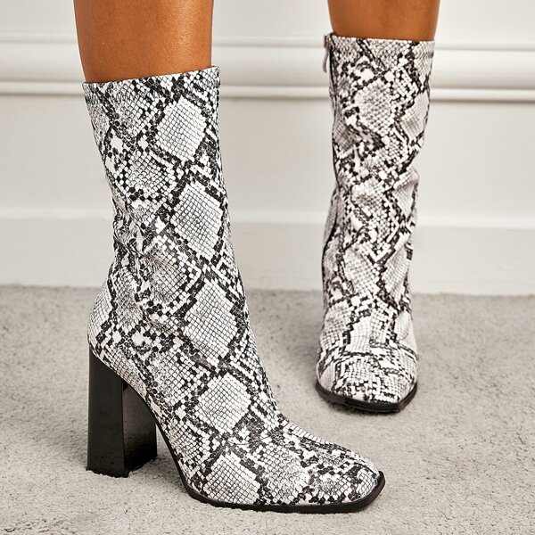 

Snakeskin Chunky Heeled Boots, Black and white