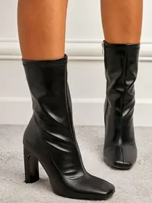 Women's Square Toe Zipper Boots Black Nude Mid Calf Chunky Heel Fall Winter Classic Footwear,Fashion Match Black Dress