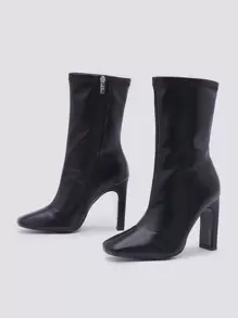 Women's Square Toe Zipper Boots Black Nude Mid Calf Chunky Heel Fall Winter Classic Footwear,Fashion Match Black Dress