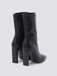 Women's Square Toe Zipper Boots Black Nude Mid Calf Chunky Heel Fall Winter Classic Footwear,Fashion Match Black Dress