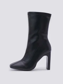 Women's Square Toe Zipper Boots Black Nude Mid Calf Chunky Heel Fall Winter Classic Footwear,Fashion Match Black Dress