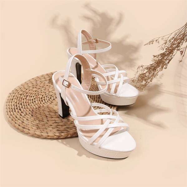 

Minimalist High Heeled Ankle Strap Sandals, White