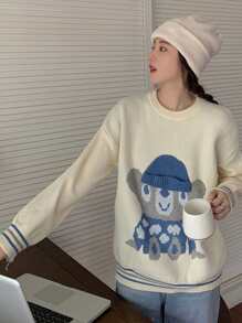 Contrast Stripe Trim Drop Shoulder Sweater - White - View 1