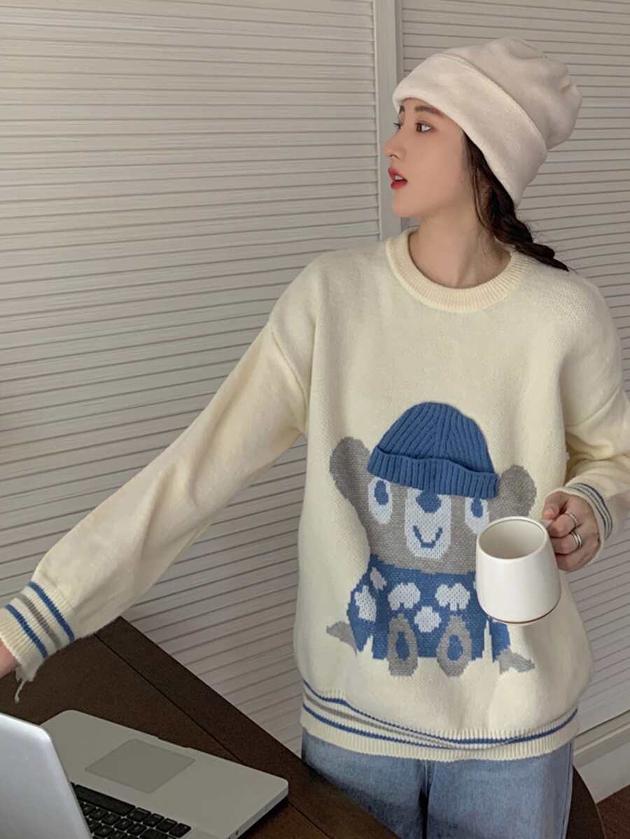 Contrast Stripe Trim Drop Shoulder Sweater - White - View 1