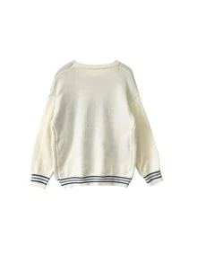 Contrast Stripe Trim Drop Shoulder Sweater - White - View 2