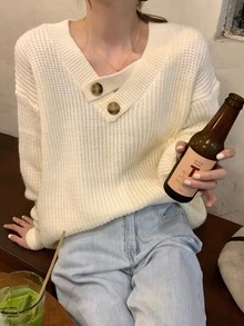 紐扣細節落肩袖套頭衫毛衣 - 杏色 - 查看 2