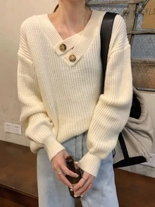 紐扣細節落肩袖套頭衫毛衣 - 杏色 - 查看 3