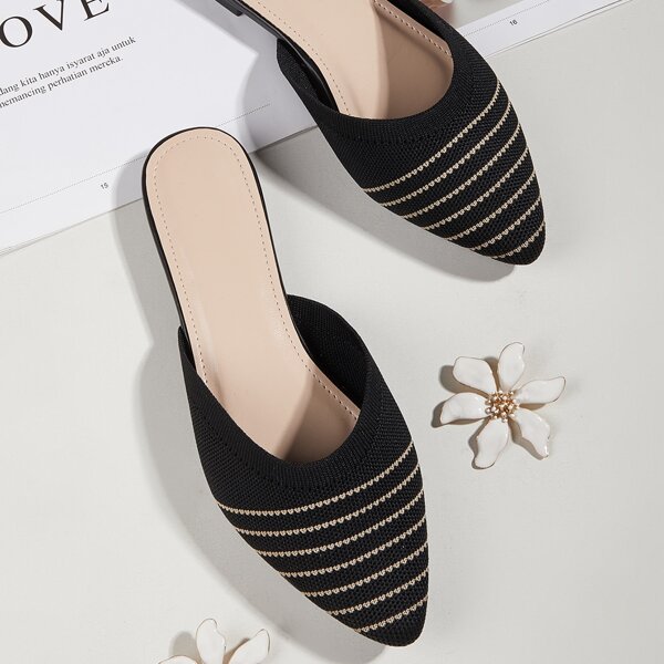 

Knit Detail Striped Pattern Flat Mules, Black