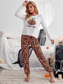 Pumpkin And Letter Graphic Pyjama Set - Multicolor - View 6