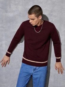 Manfinity 男士條紋圖案小圓領套頭毛衣 - 紫紅色 - 查看 1