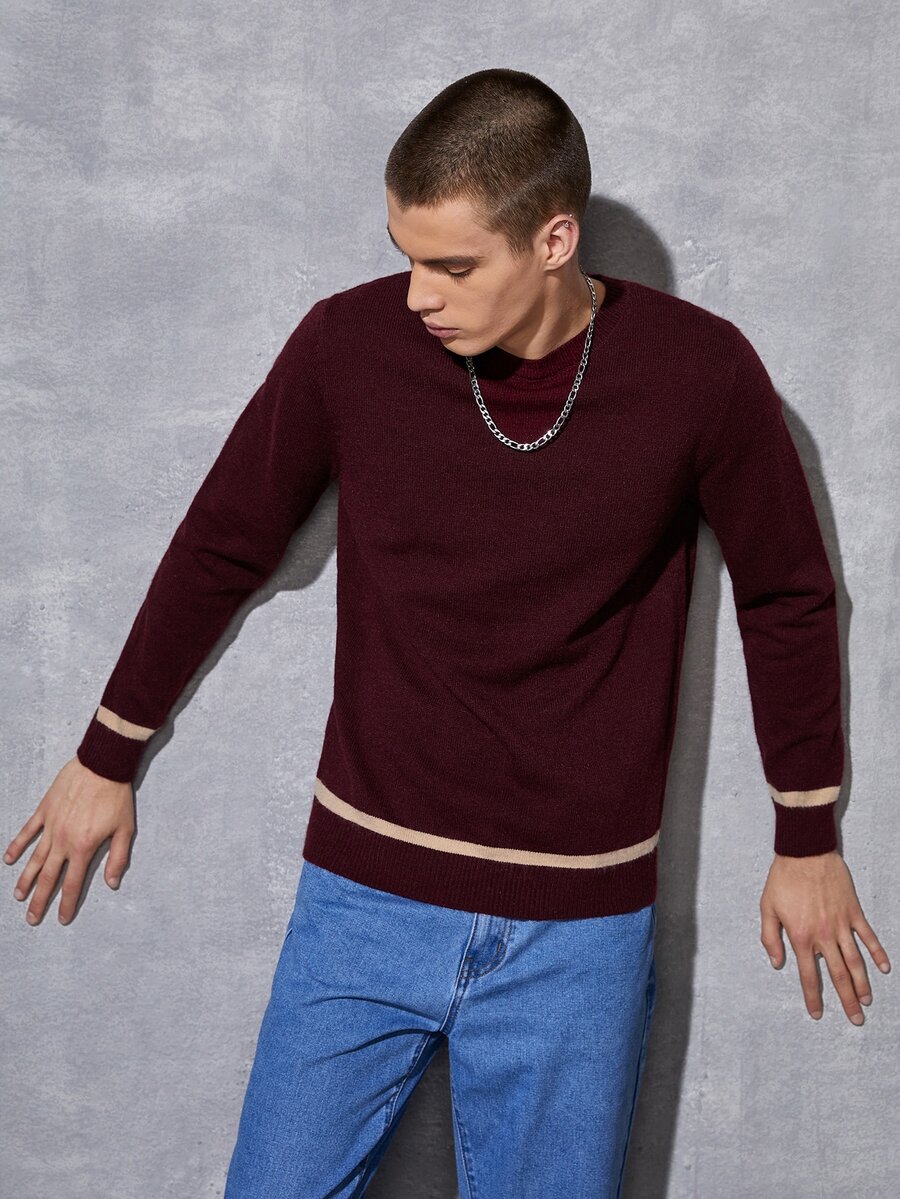 Manfinity 男士條紋圖案小圓領套頭毛衣 - 紫紅色 - 查看 1
