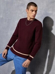 Manfinity 男士條紋圖案小圓領套頭毛衣 - 紫紅色 - 查看 3