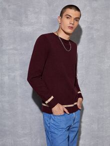 Manfinity 男士條紋圖案小圓領套頭毛衣 - 紫紅色 - 查看 4