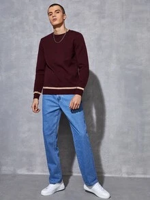 Manfinity 男士條紋圖案小圓領套頭毛衣 - 紫紅色 - 查看 5