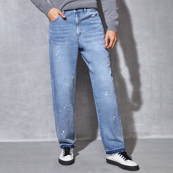 

Men High Waist Splatter Print Straight Leg Jeans, Light wash
