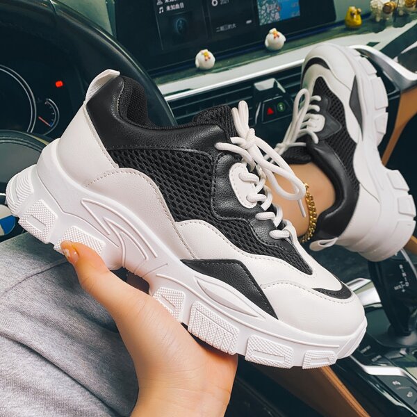 

Colorblock Lace-up Front Chunky Sneakers, Black and white