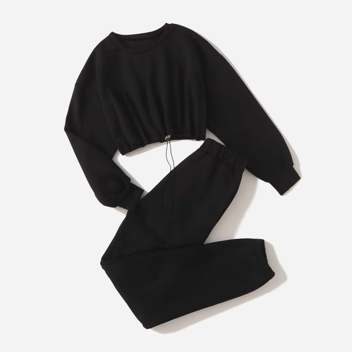 

Solid Drawstring Sweatshirt & Sweatpants, Black