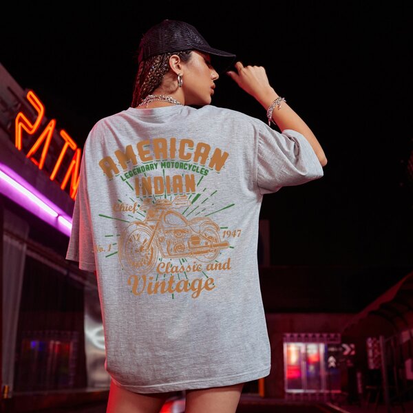 

Drop Shoulder Letter & Motorcycle Print Tee, Light grey