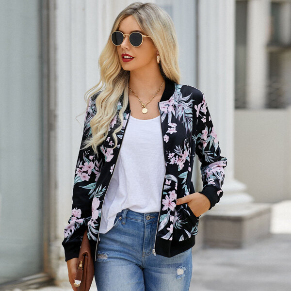 

Floral Print Zip Up Bomber Jacket, Multicolor