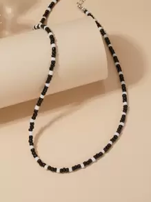 Two Tone Beaded Necklace - Black and White - View 1