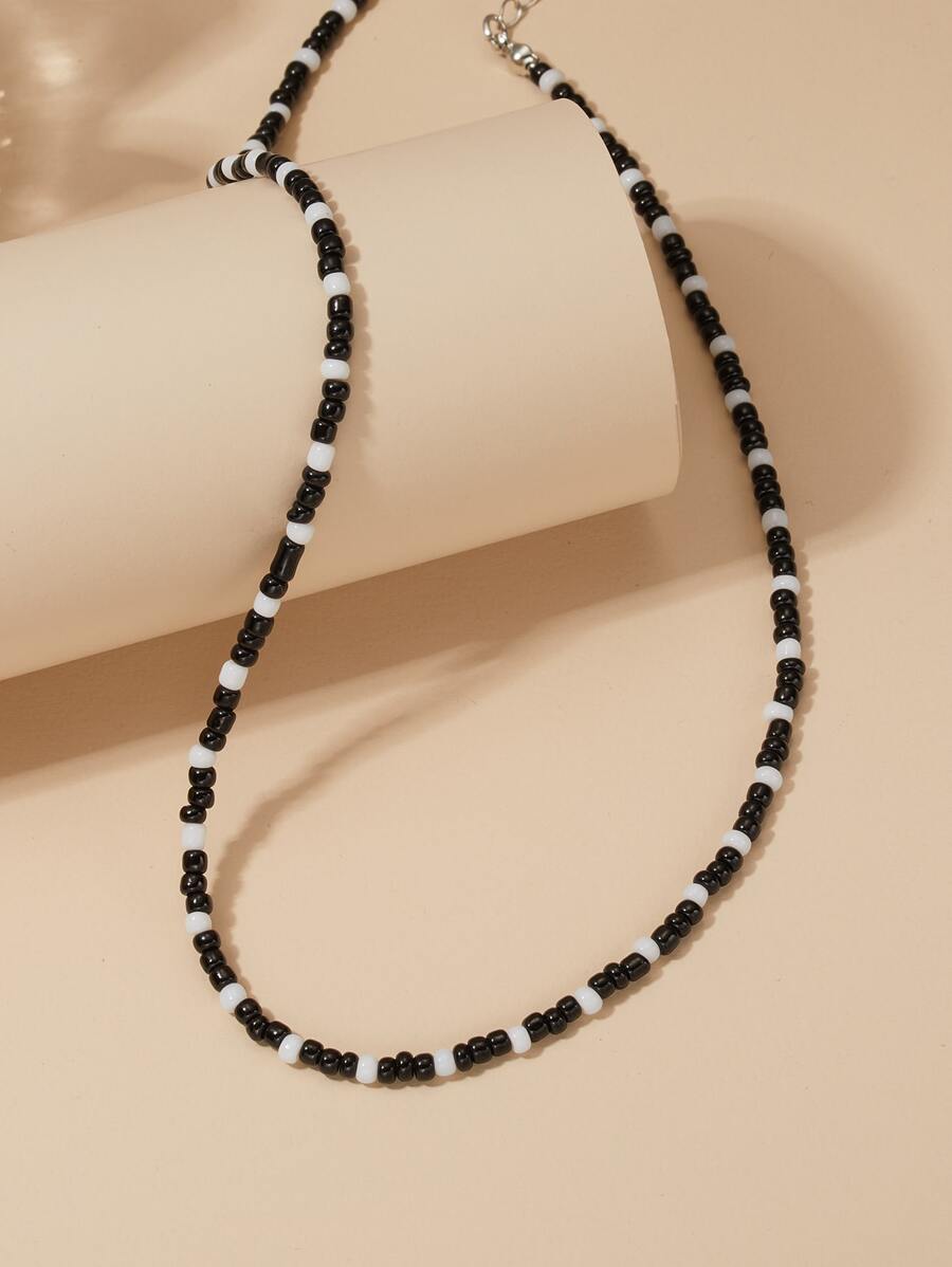 Two Tone Beaded Necklace - Black and White - View 1