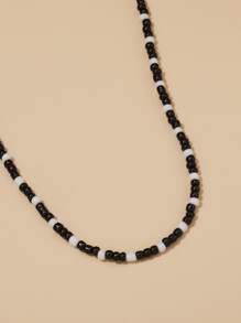 Two Tone Beaded Necklace - Black and White - View 2