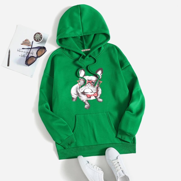 

Dog Print Kangaroo Pocket Thermal Drawstring Hoodie, Green