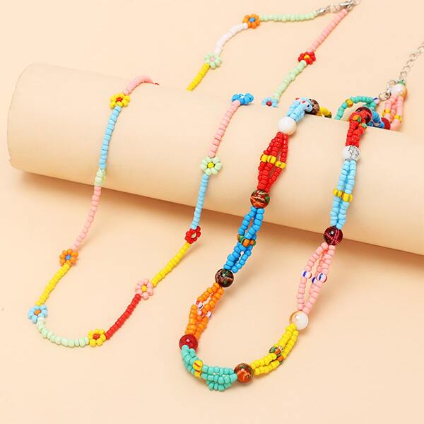 

2pcs Beaded Flower Decor Necklace, Multicolor