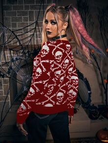 Skull Pattern Sweater - Red and White - View 2