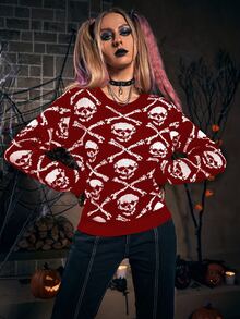 Skull Pattern Sweater - Red and White - View 3