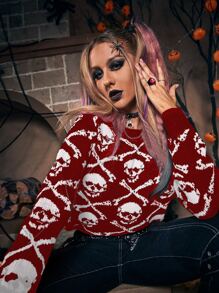 Skull Pattern Sweater - Red and White - View 4