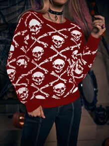 Skull Pattern Sweater - Red and White - View 5