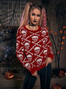 Skull Pattern Sweater - Red and White - View 7