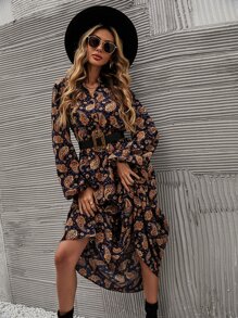 SHEIN Clasi 佩斯利印花灯笼袖衬衫裙（无腰带）长款女装